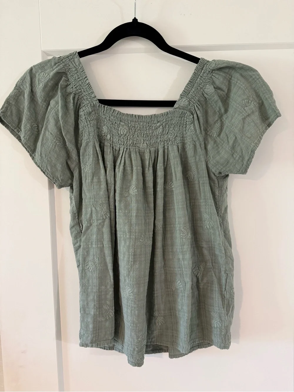 Madewell Smocked Square-Neck Top in Sage